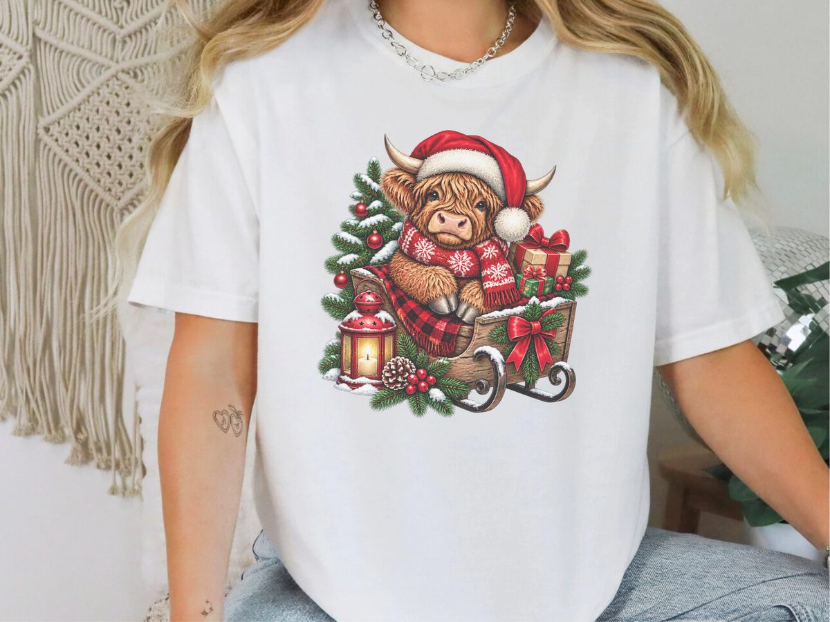 Highland Cow Christmas Sleigh Graphic Highland Cow Christmas Shirt