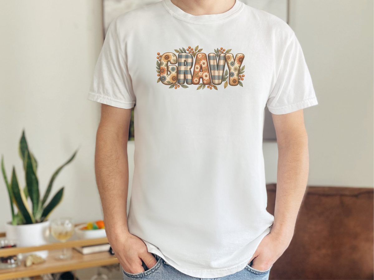 Floral Plaid Gravy Lettering Retro Autumn Thanksgiving Food Tee