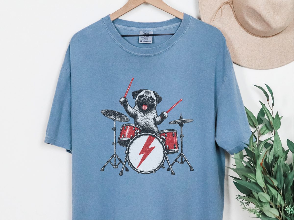 Rockstar Pug Drummer Comfort Colors Heavyweight Garment-Dyed T-Shirt