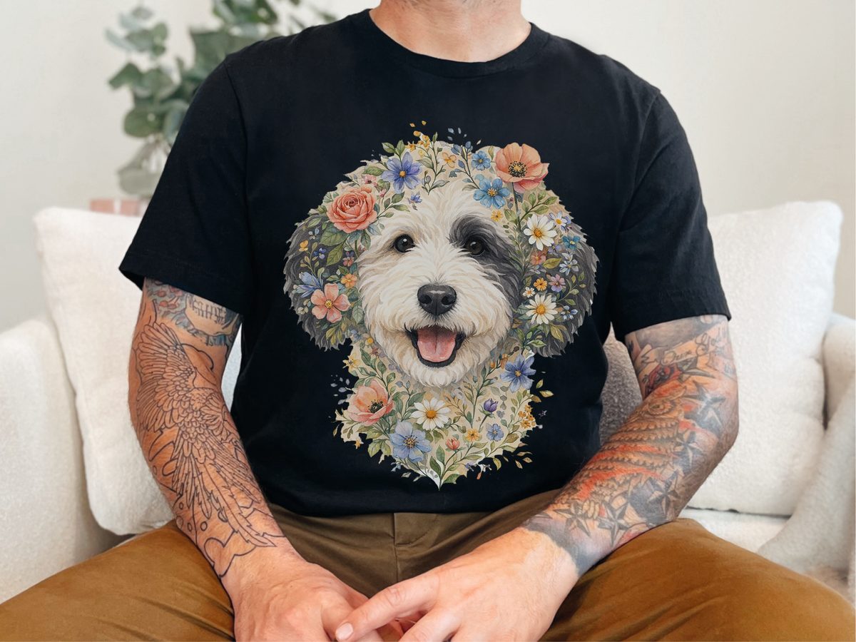 Whimsical Sheepadoodle Floral Face Dog Portrait Watercolor Painting