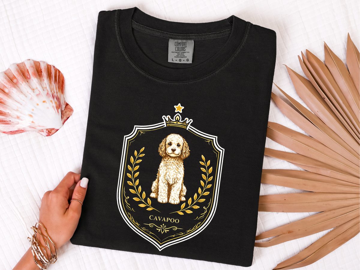 Royal Cavapoo Dog Crest T-Shirt - Vintage Crown & Laurel Wreath Art