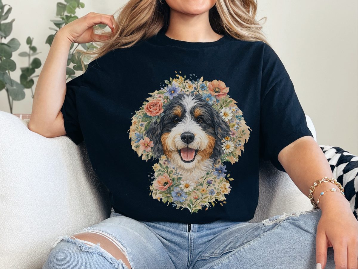 Bernedoodle Floral Crown Portrait Dog Lover Pet Art Graphic Tee