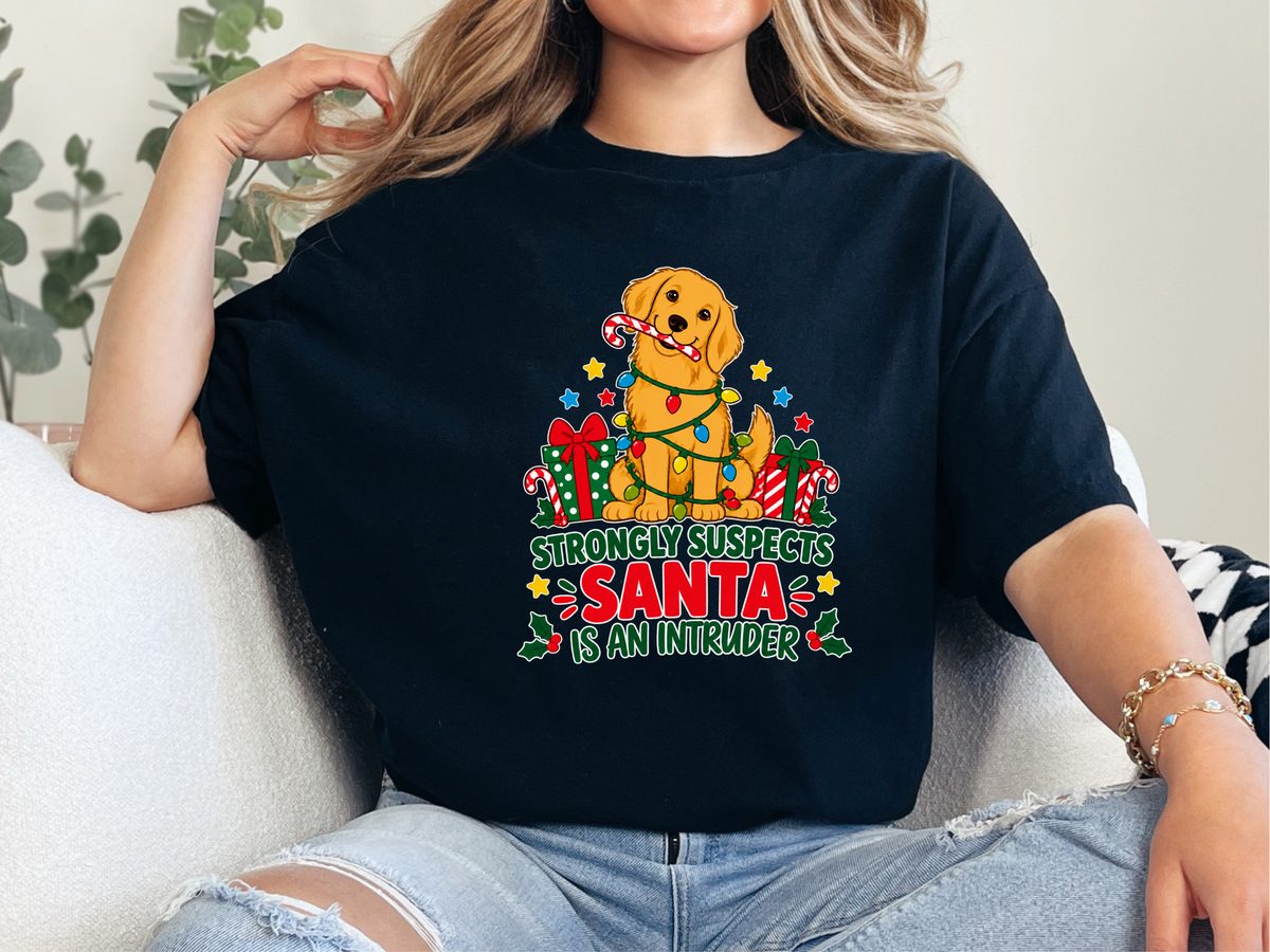 Golden Retriever Santa Intruder Graphic Funny Dog Christmas Shirt