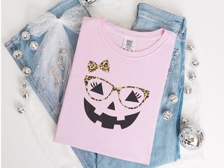 Jack O Lantern Halloween Pumpkin Face Eyelashes Leopard Glasses funny shirt - photo 4