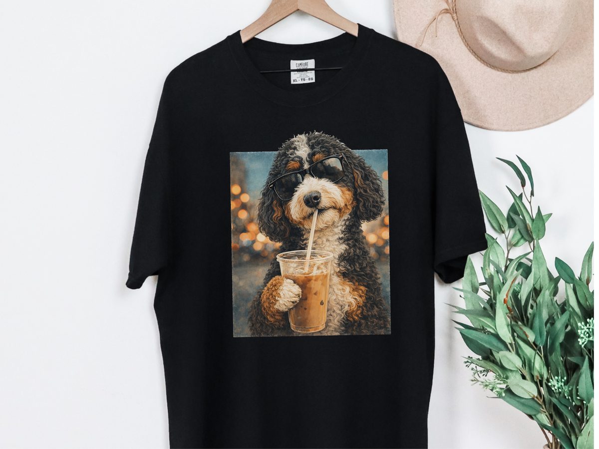 Bernedoodle Dog Iced Coffee Sunglasses Cool Trendy Animal Art Tee
