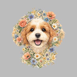 Charming Cavapoo Floral Face Watercolor Dog Portrait Art Print Decor