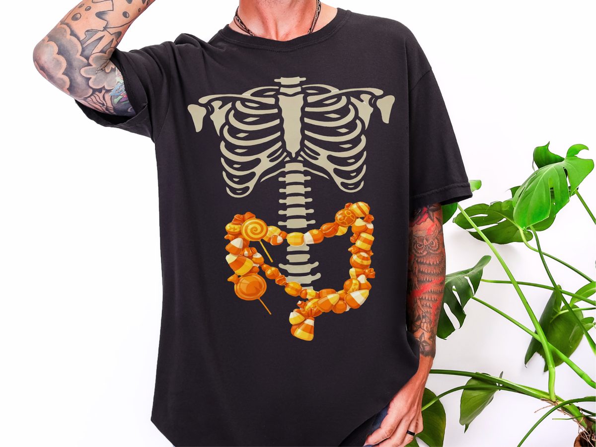 Candy Corn Skeleton Intestines Unisex Halloween Crew Neck Shirt