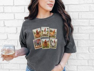 Vintage Postage Stamp Chicken Collage funny shirt - photo 5