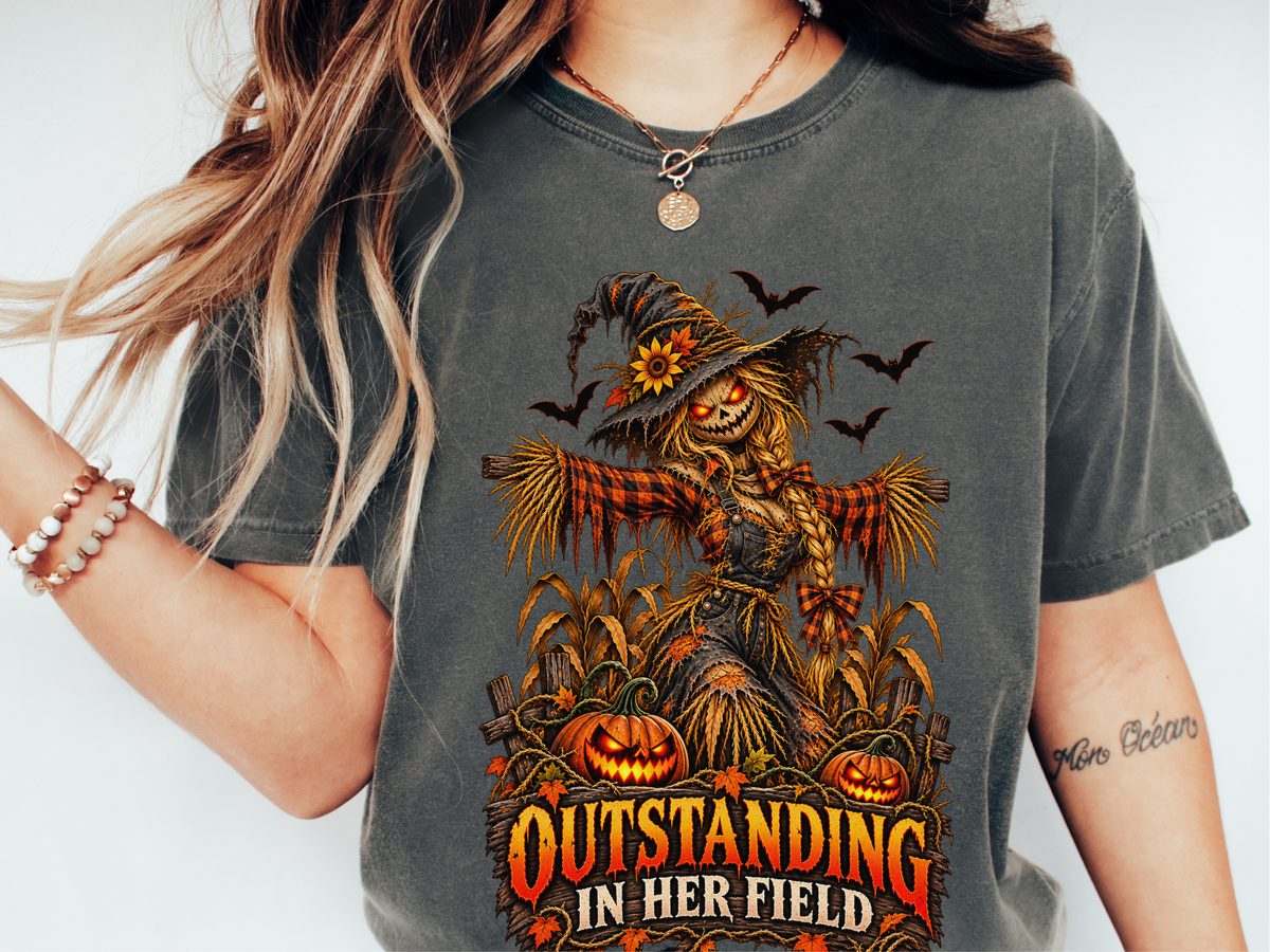 Scarecrow Outstanding In Her Field Fall Graphic Halloween Tee Women