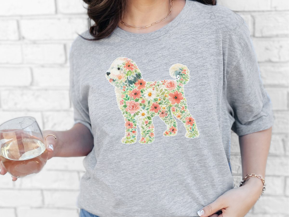 Floral Sheepadoodle Silhouette Watercolor Flowers Spring Theme Dog
