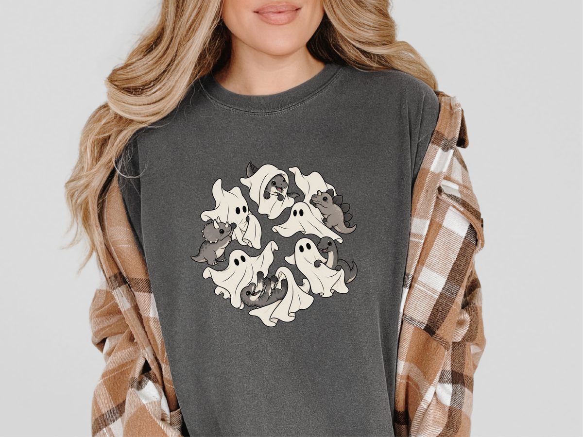 Ghost Playing With Dinosaurs Cute Halloween Tee Prehistoric Gift