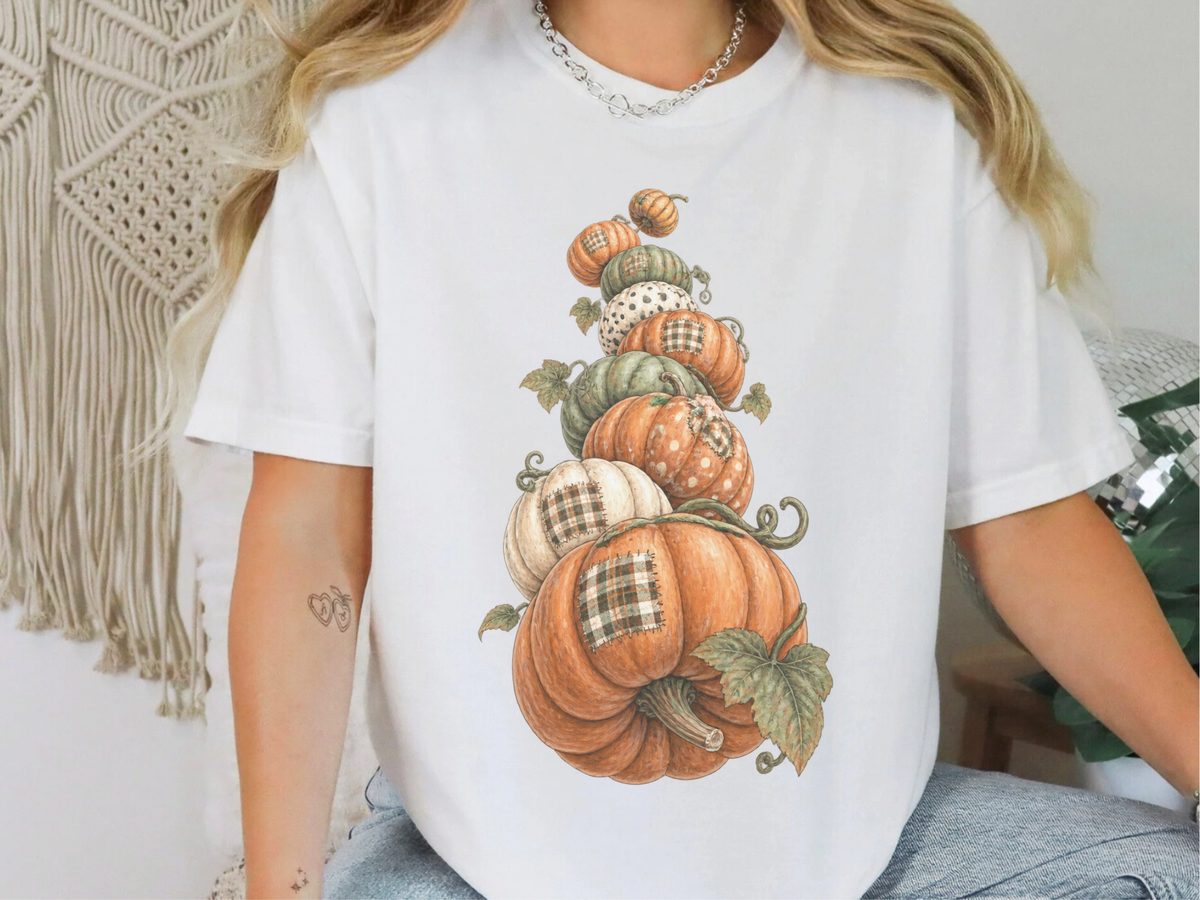 Stacked Patchwork Pumpkins Watercolor Boho Pumpkin Tee