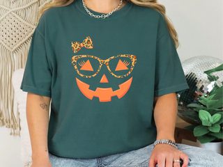 Jack O Lantern Halloween Pumpkin Face Eyelashes Leopard Glasses funny shirt - photo 7