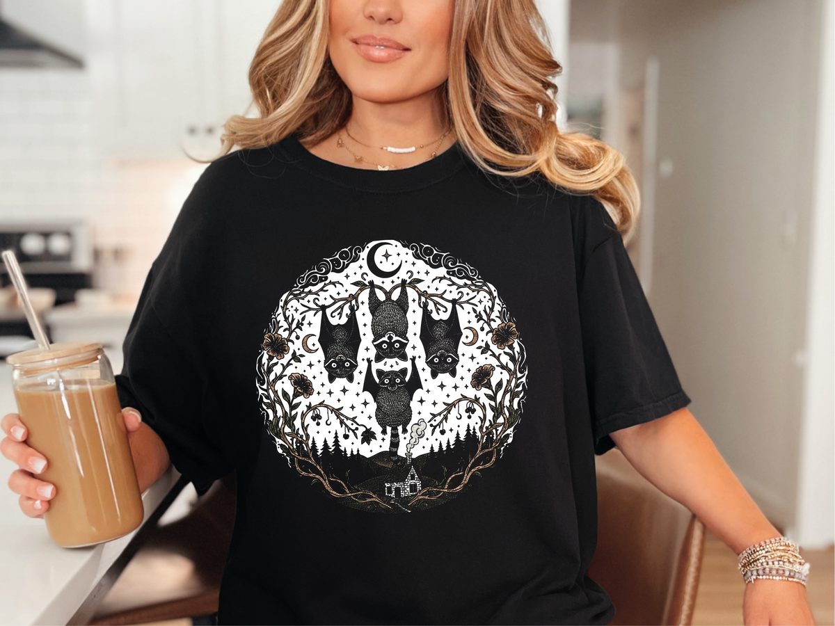 Halloween Racoon Bats Floral Night Scene Comfort Colors Vintage Tee