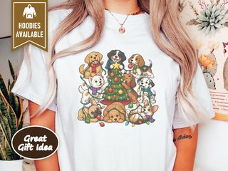Festive Puppies Decorating Christmas Tree doodle dog shirt - photo 1