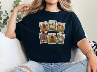 Vintage Postage Stamp Chicken Collage funny shirt - photo 3