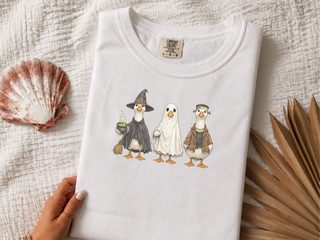 Halloween Costumed Goose Trio Witch Ghost Frankenstien funny shirt - photo 1