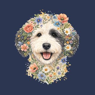 Sheepadoodle Floral Face Dog Portrait Watercolor Art T-Shirt Gift