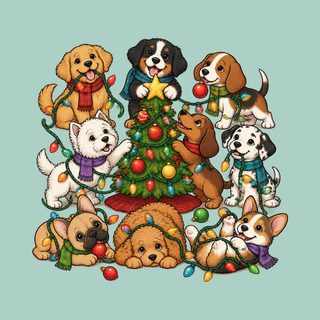 Festive Puppies Decorating Christmas Tree Dog Christmas Tree Shirt