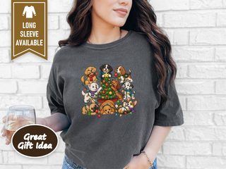 Festive Puppies Decorating Christmas Tree doodle dog shirt - photo 5