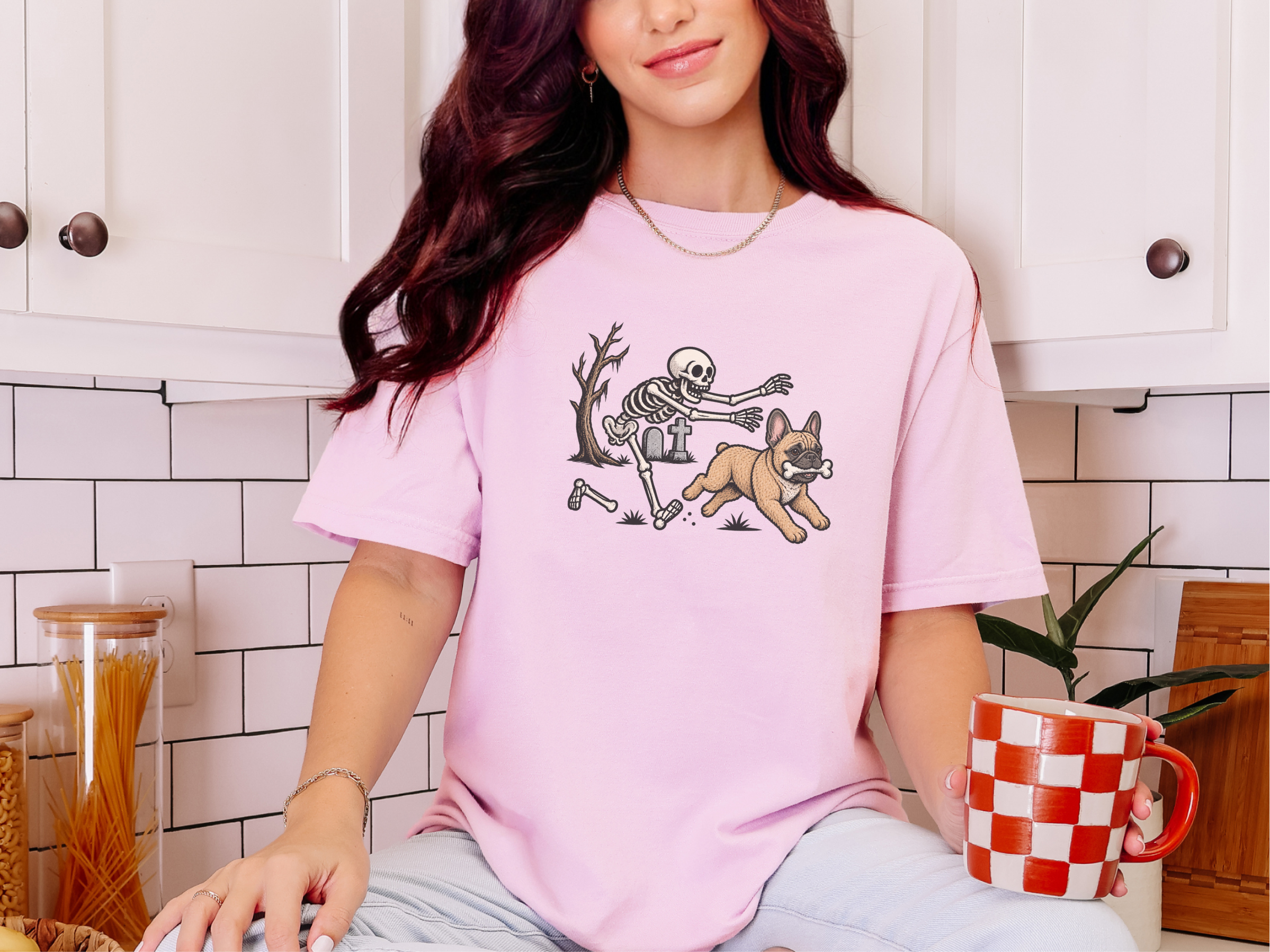 Skeleton Chasing French Bulldog doodle dog shirt - photo 5