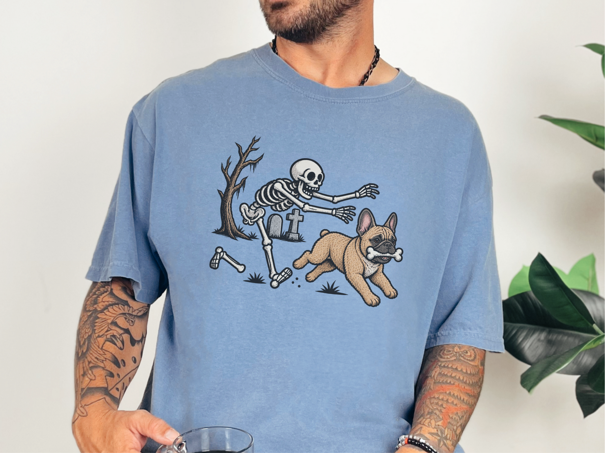 Skeleton Chasing French Bulldog doodle dog shirt - photo 7