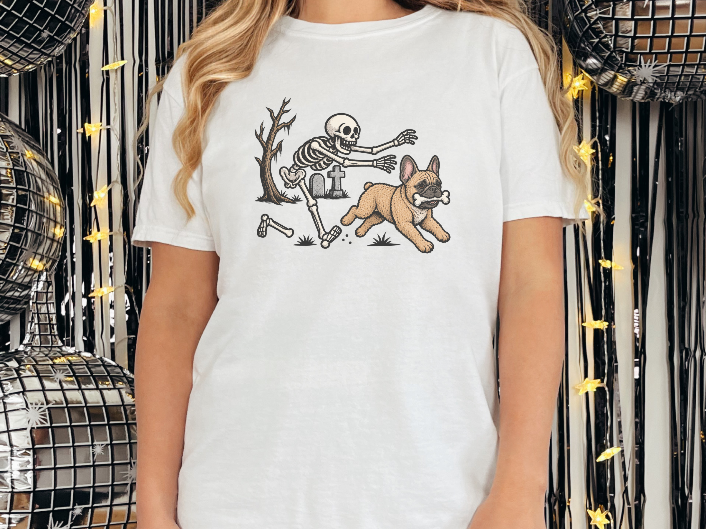 Skeleton Chasing French Bulldog doodle dog shirt - photo 1