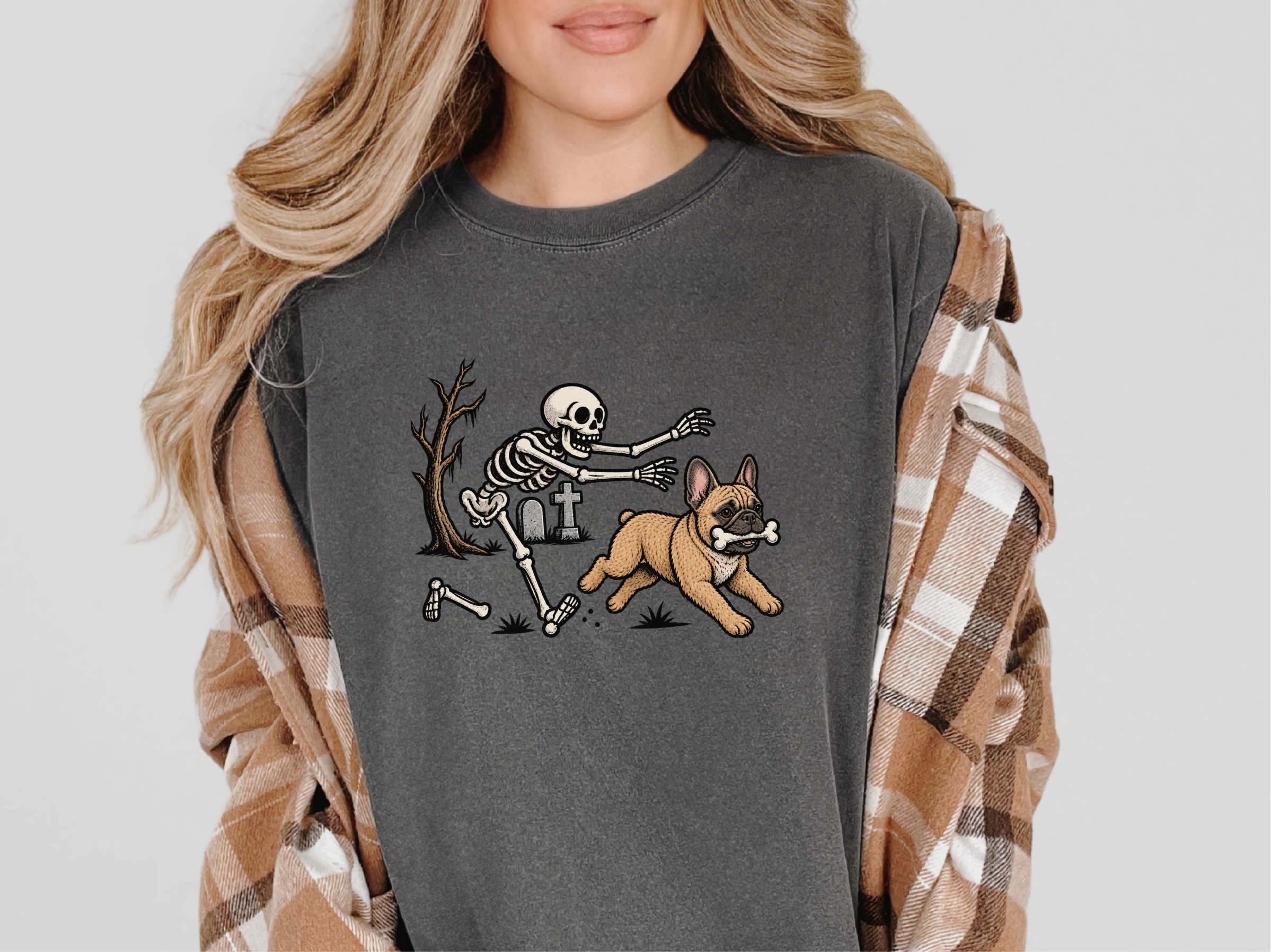 Skeleton Chasing French Bulldog doodle dog shirt - photo 4