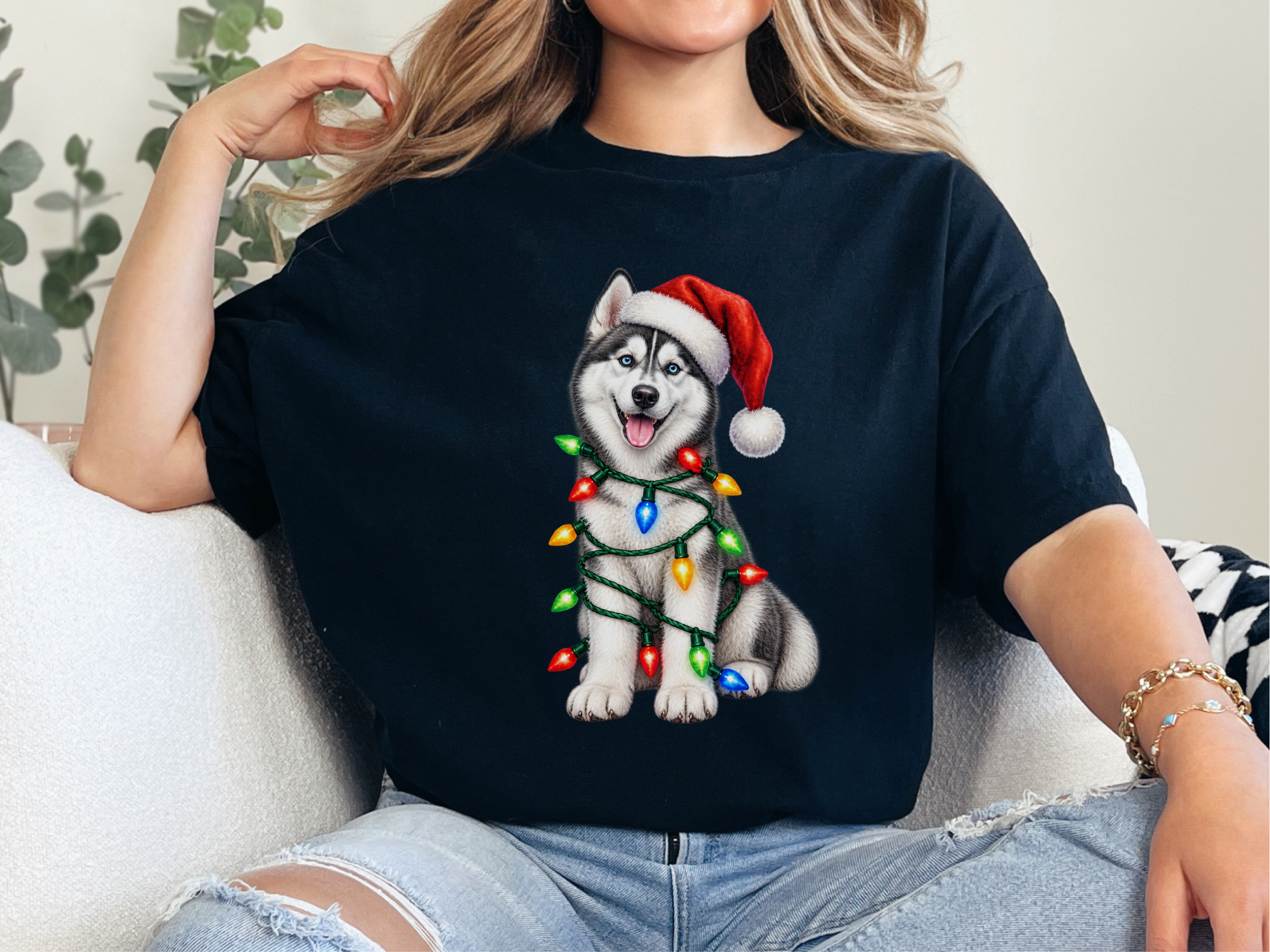 Husky Wrapped In Christmas Lights doodle dog shirt - photo 1