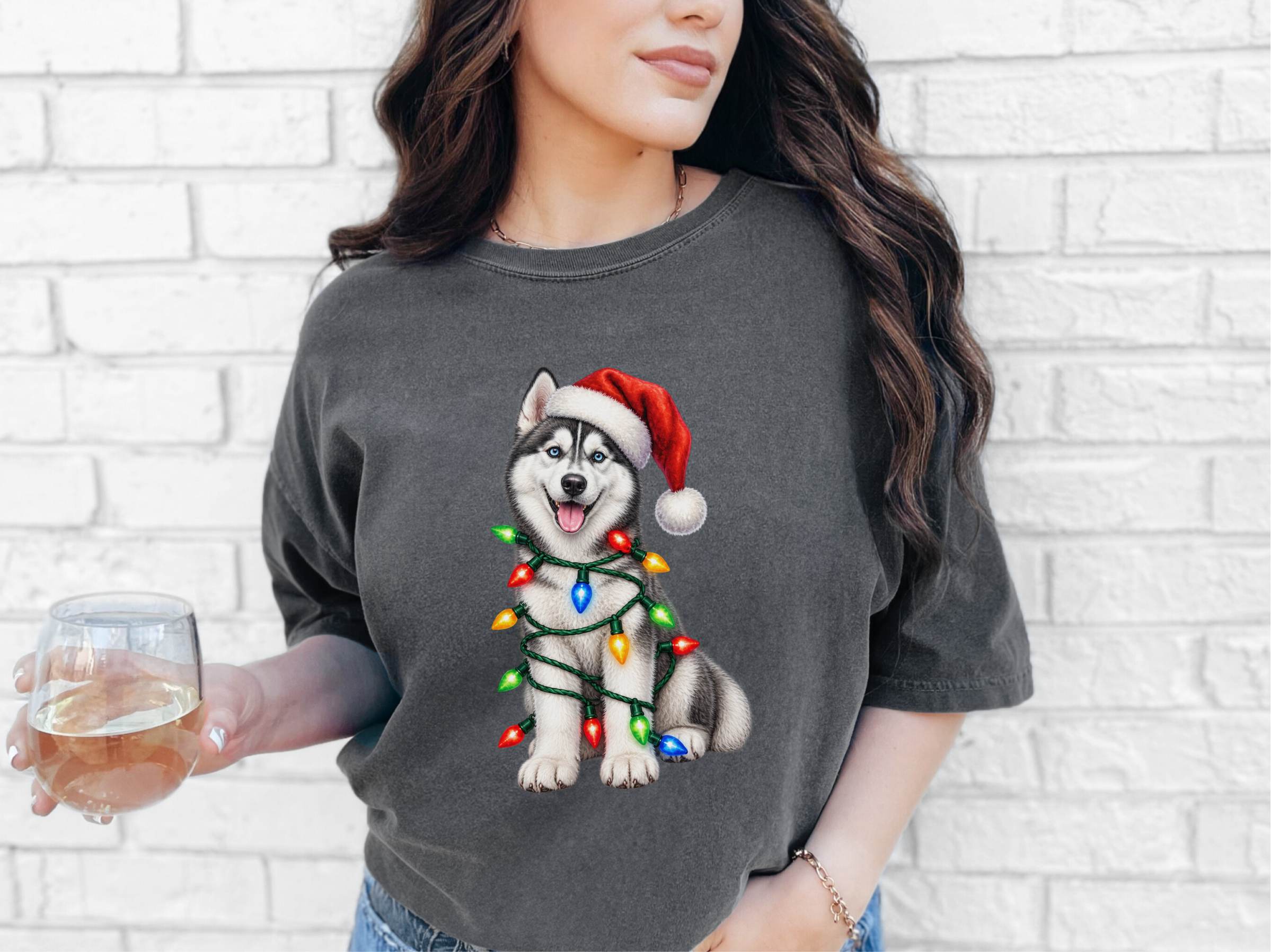 Husky Wrapped In Christmas Lights doodle dog shirt - photo 4