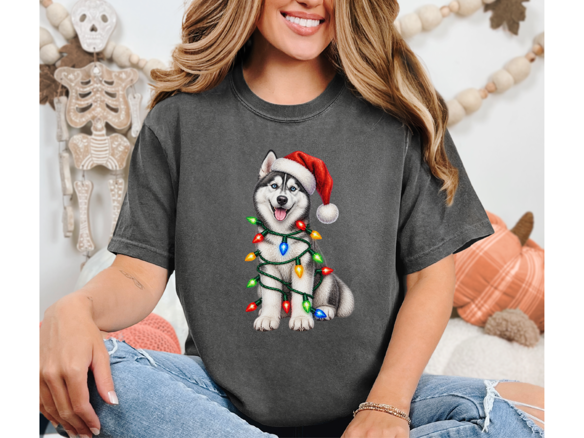 Husky Wrapped In Christmas Lights doodle dog shirt - photo 2