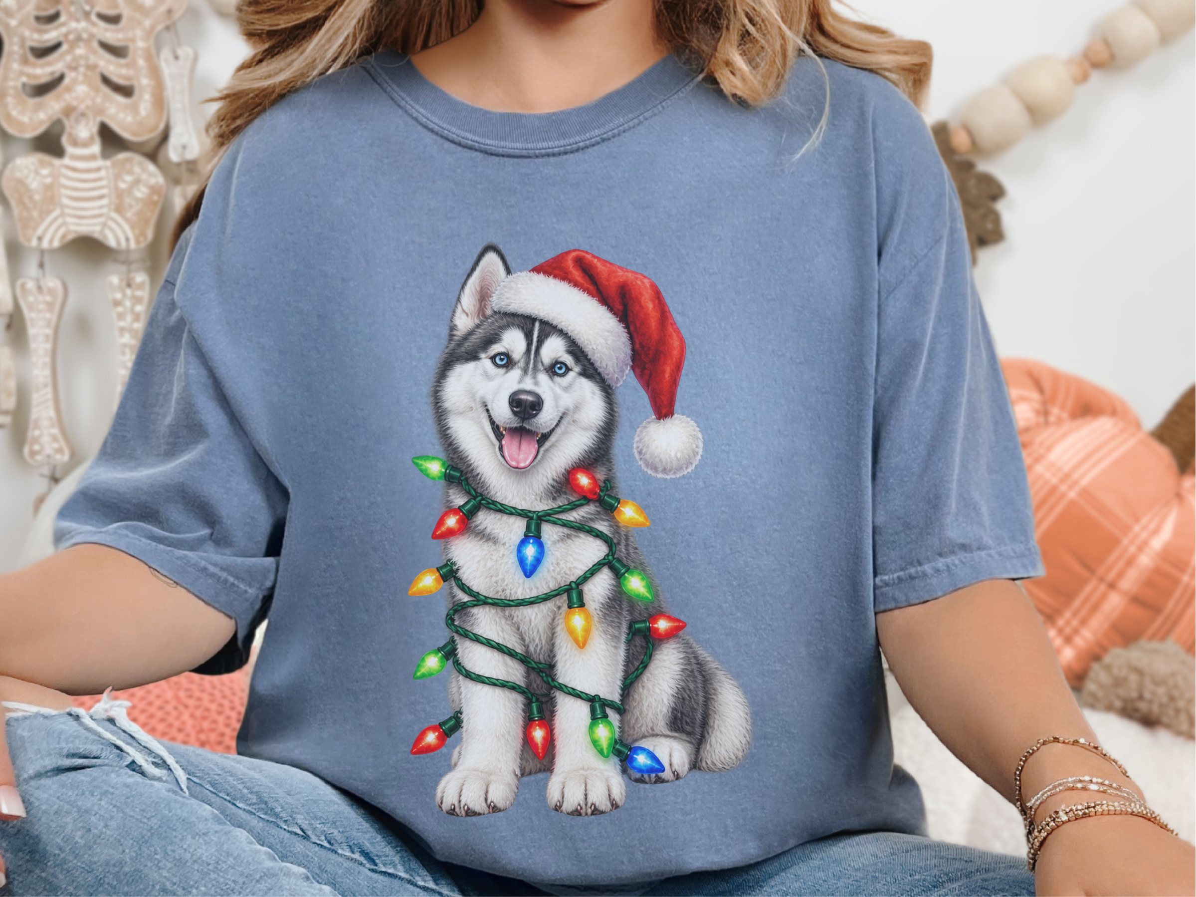 Husky Wrapped In Christmas Lights doodle dog shirt - photo 7