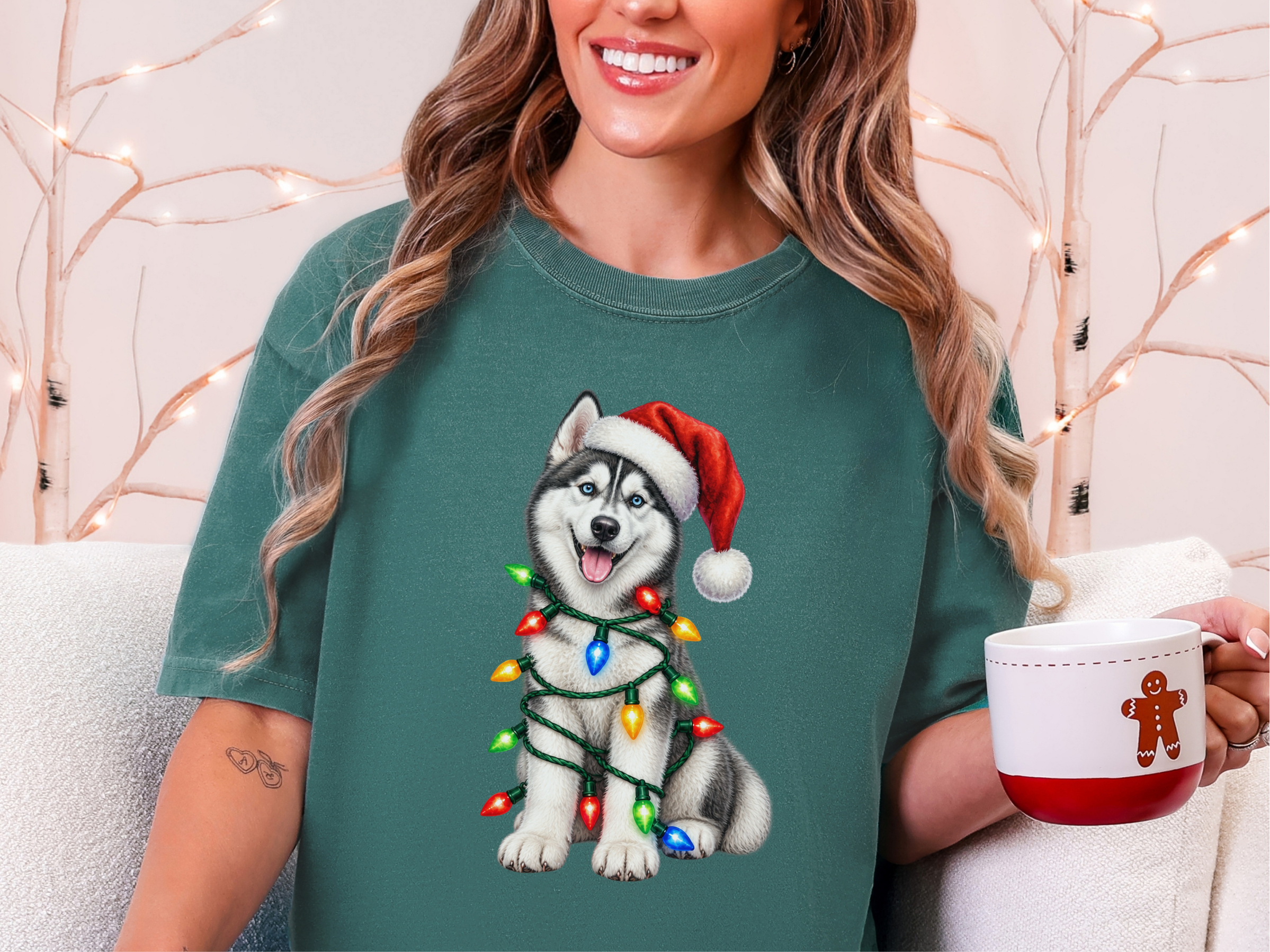 Husky Wrapped In Christmas Lights doodle dog shirt - photo 8