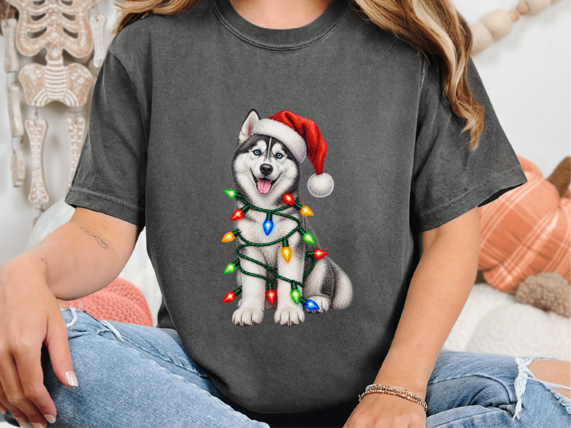 Husky Wrapped In Christmas Lights doodle dog shirt - photo 3