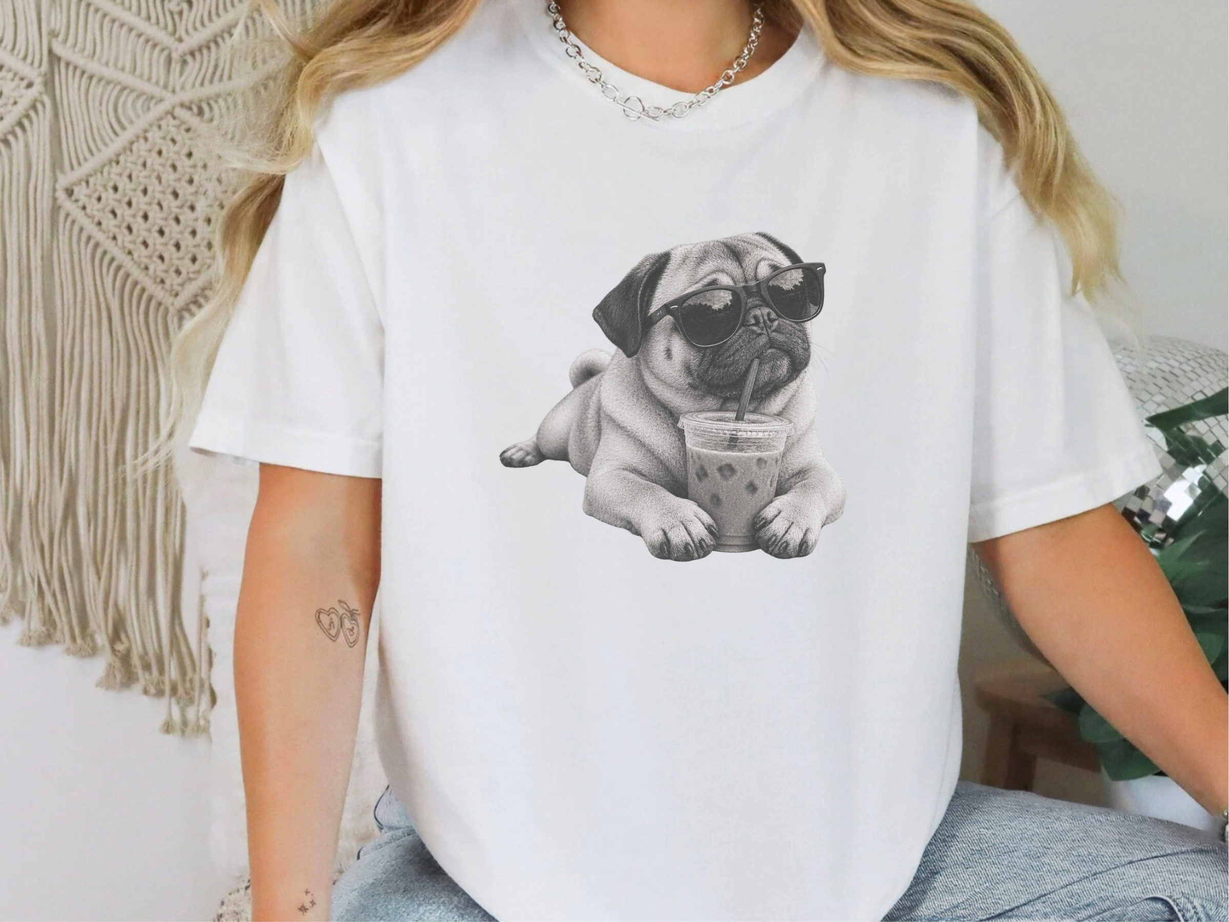 Cool Pug Drinking Iced Coffee doodle dog shirt - photo 3