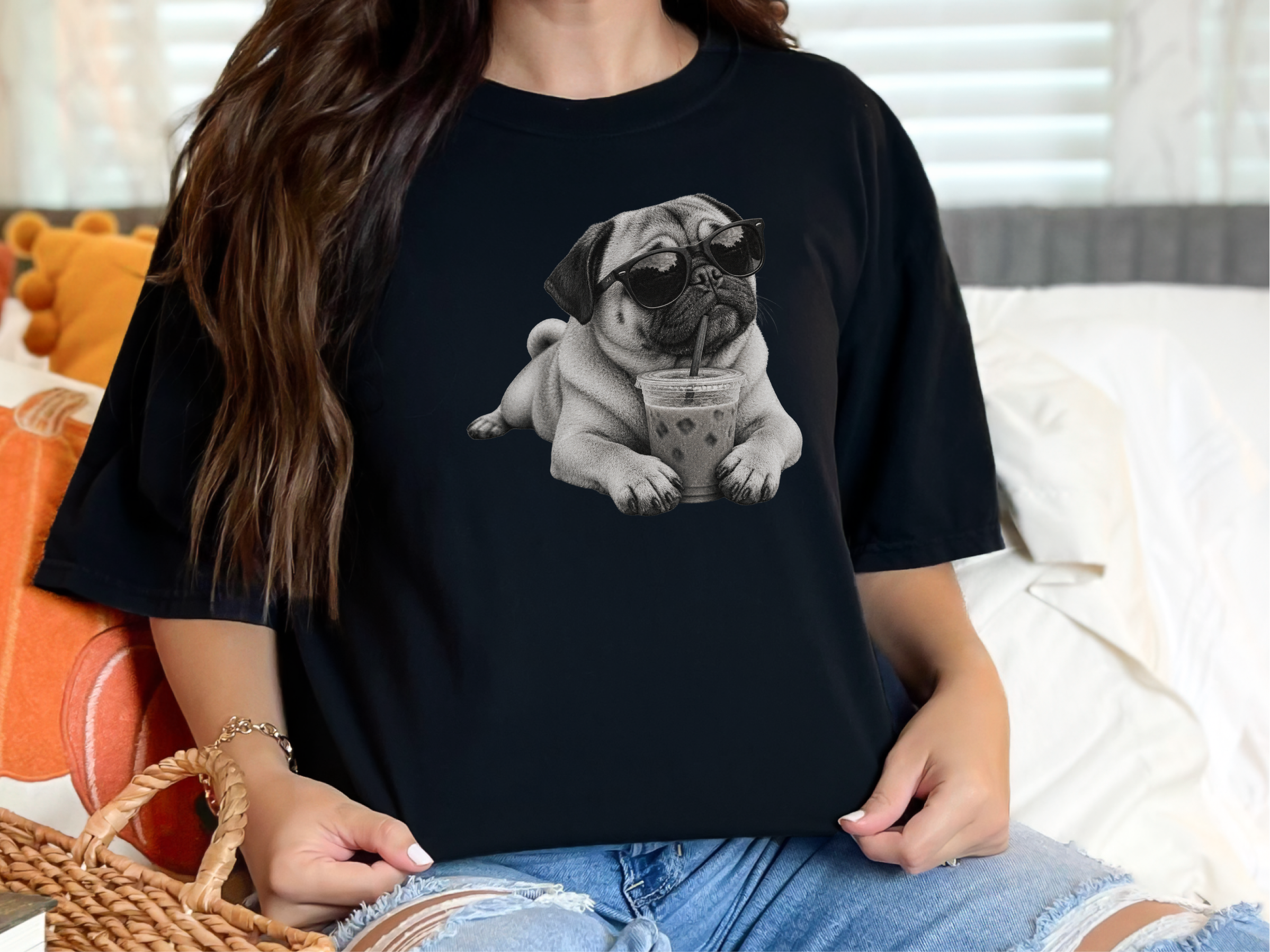 Cool Pug Drinking Iced Coffee doodle dog shirt - photo 4