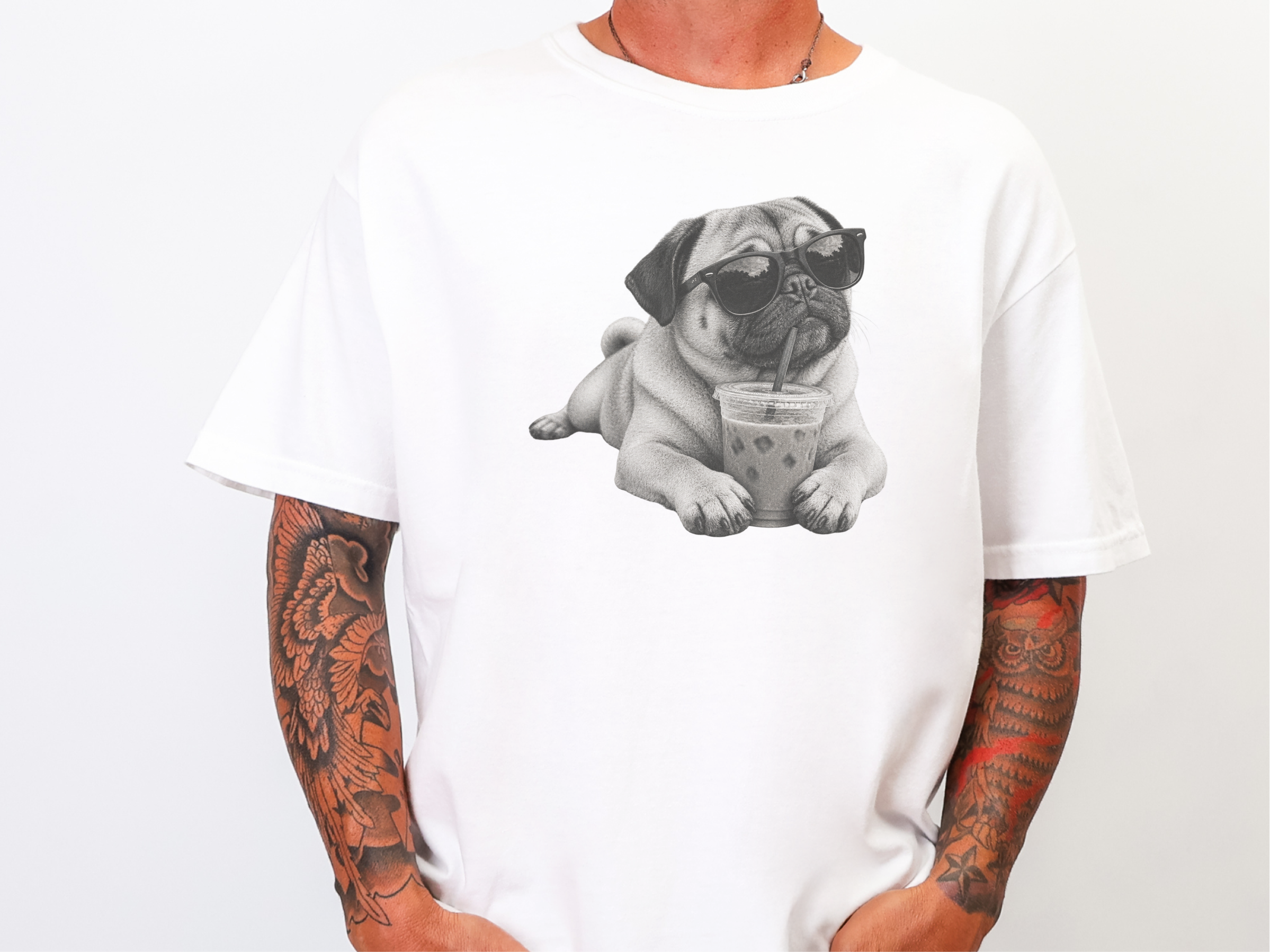 Cool Pug Drinking Iced Coffee doodle dog shirt - photo 2