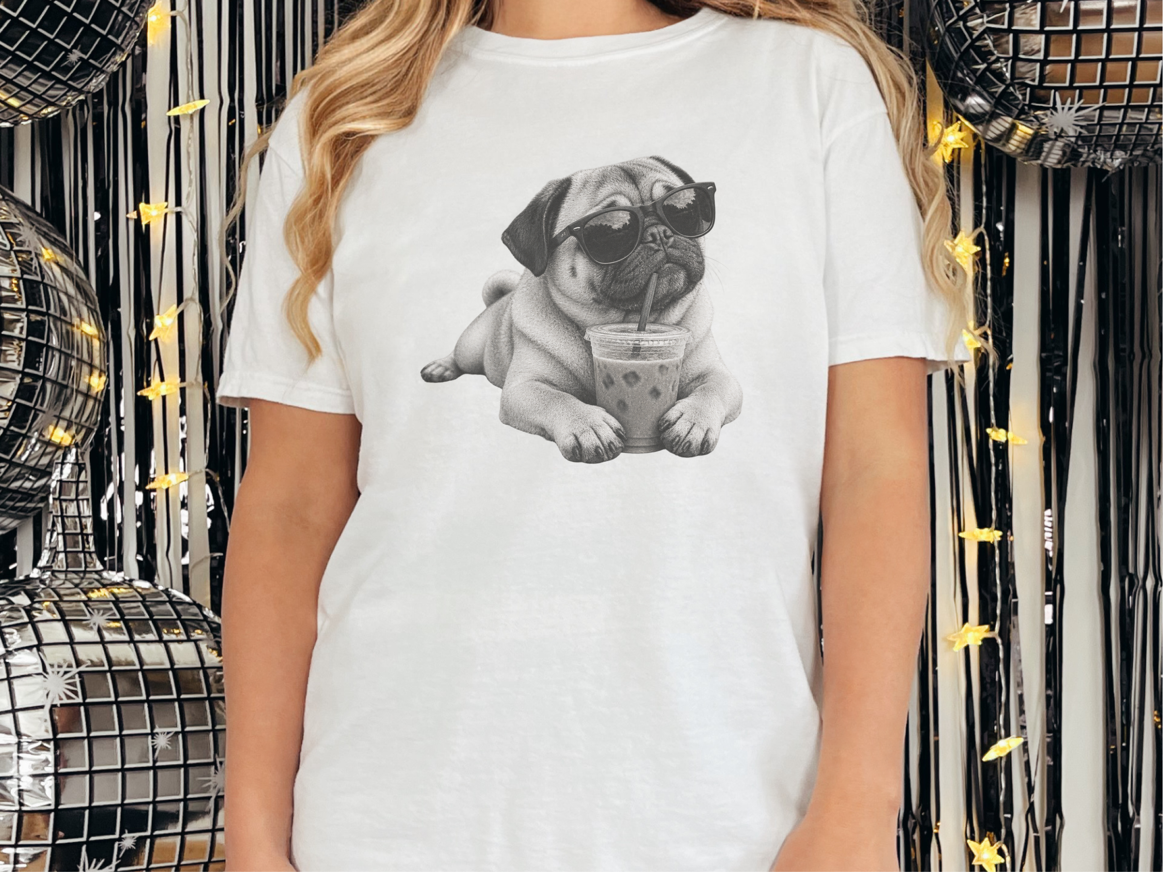 Cool Pug Drinking Iced Coffee doodle dog shirt - photo 1