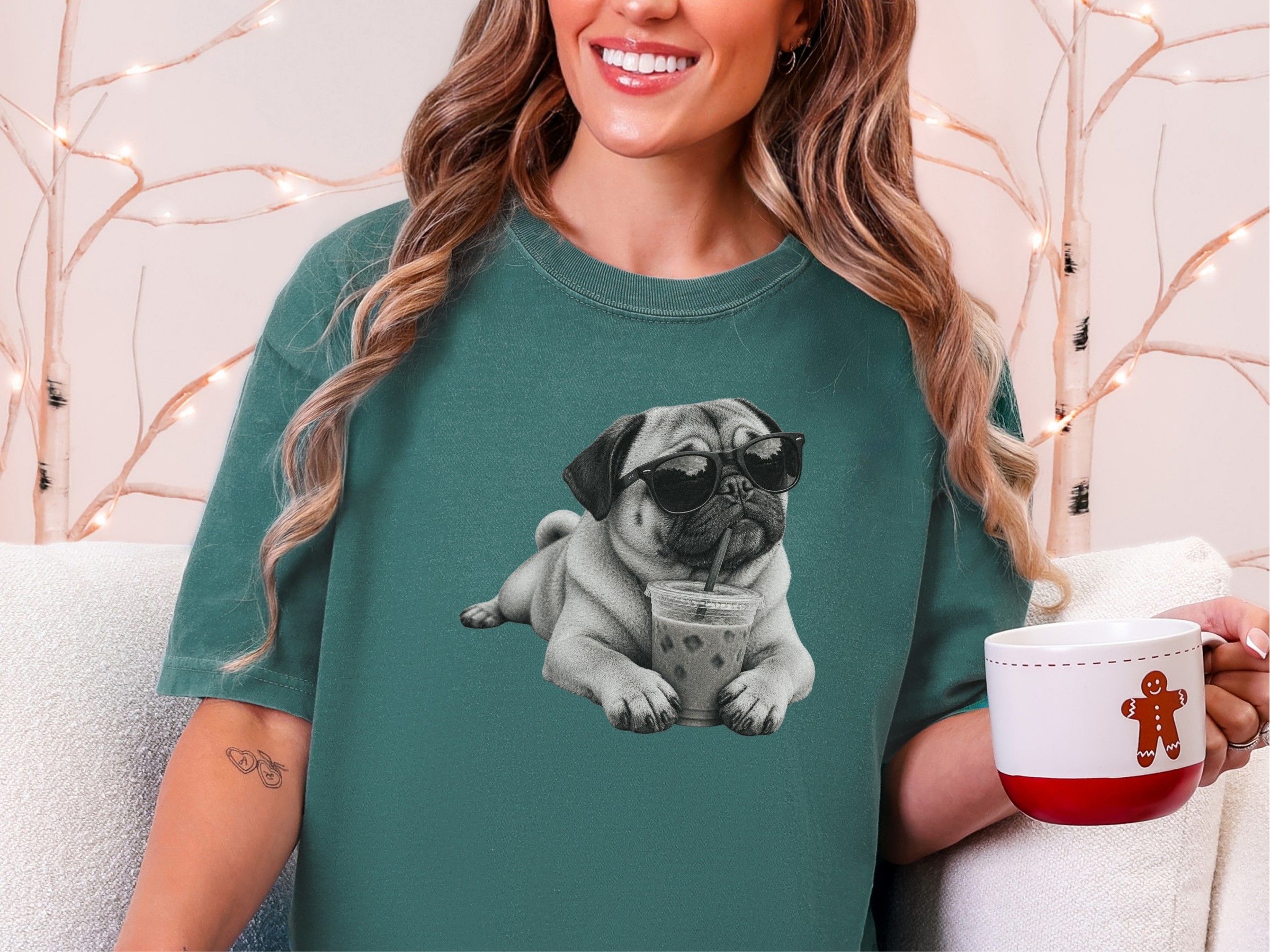 Cool Pug Drinking Iced Coffee doodle dog shirt - photo 8