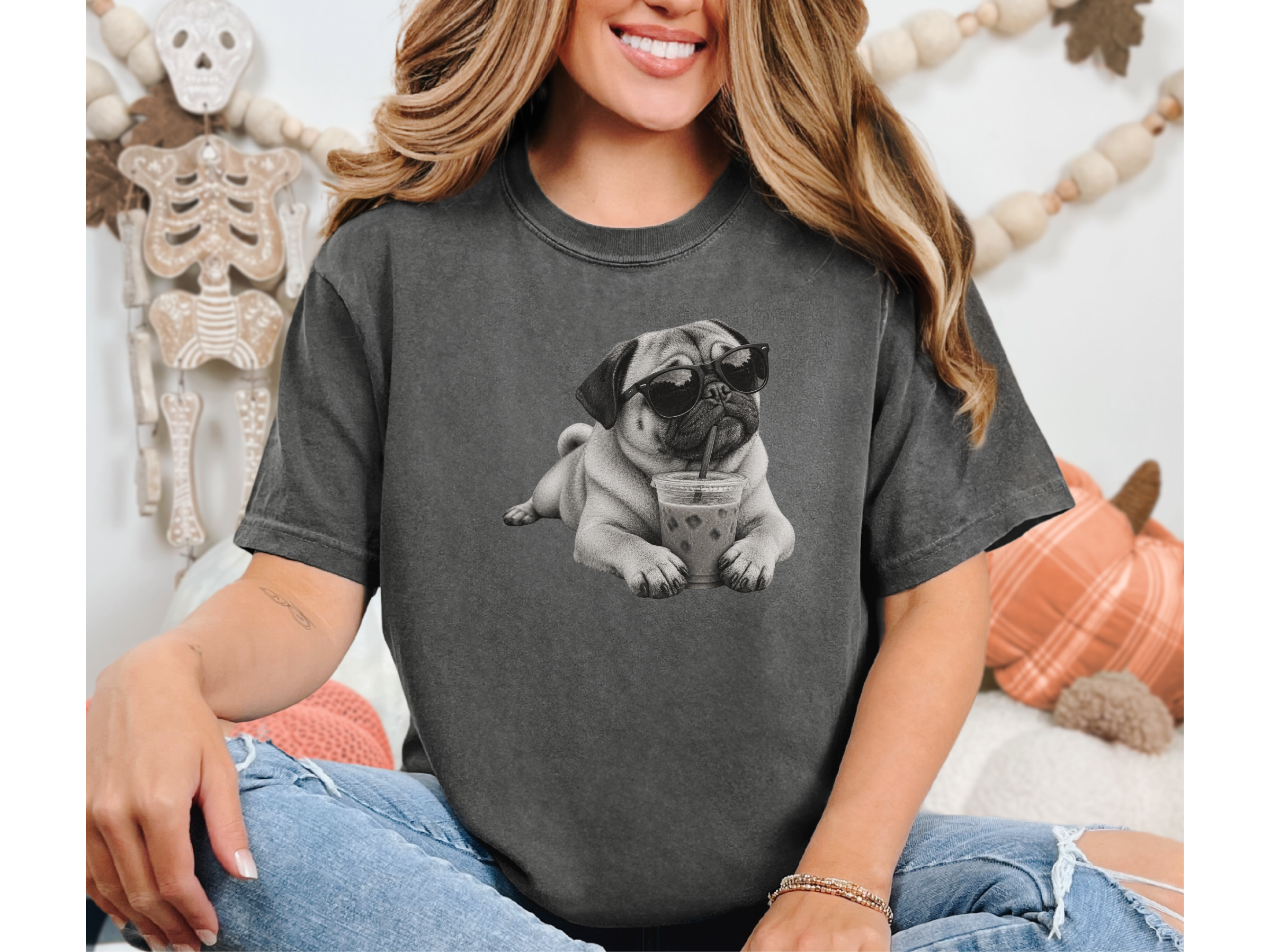 Cool Pug Drinking Iced Coffee doodle dog shirt - photo 5