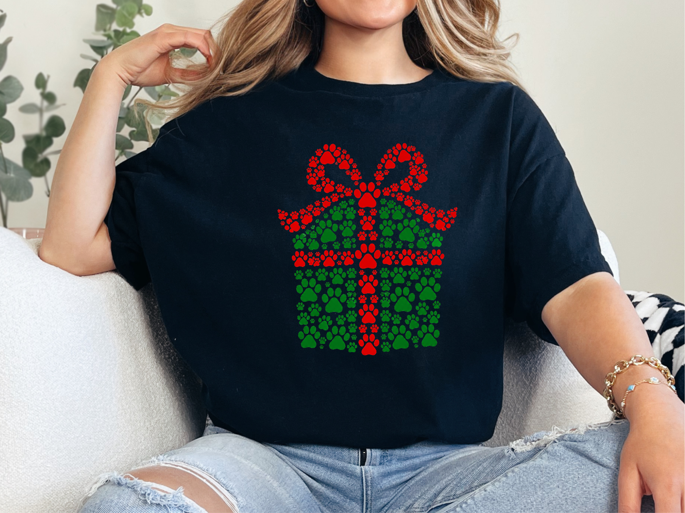 Christmas Paw Print Gift Box Dog Mom Gift Festive Pet Lover Tee