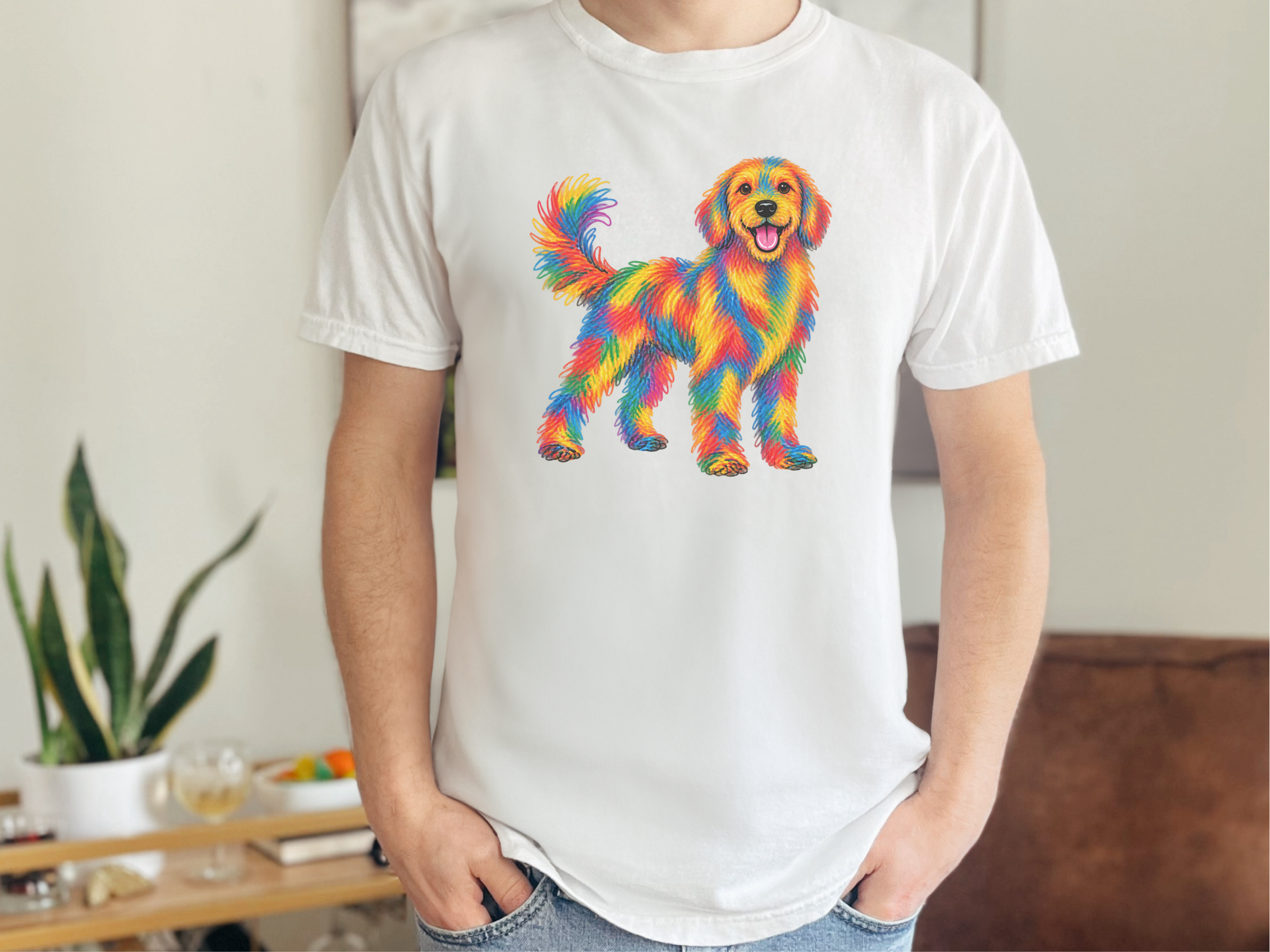 Rainbow Crayon Golden Retriever doodle dog shirt - photo 2