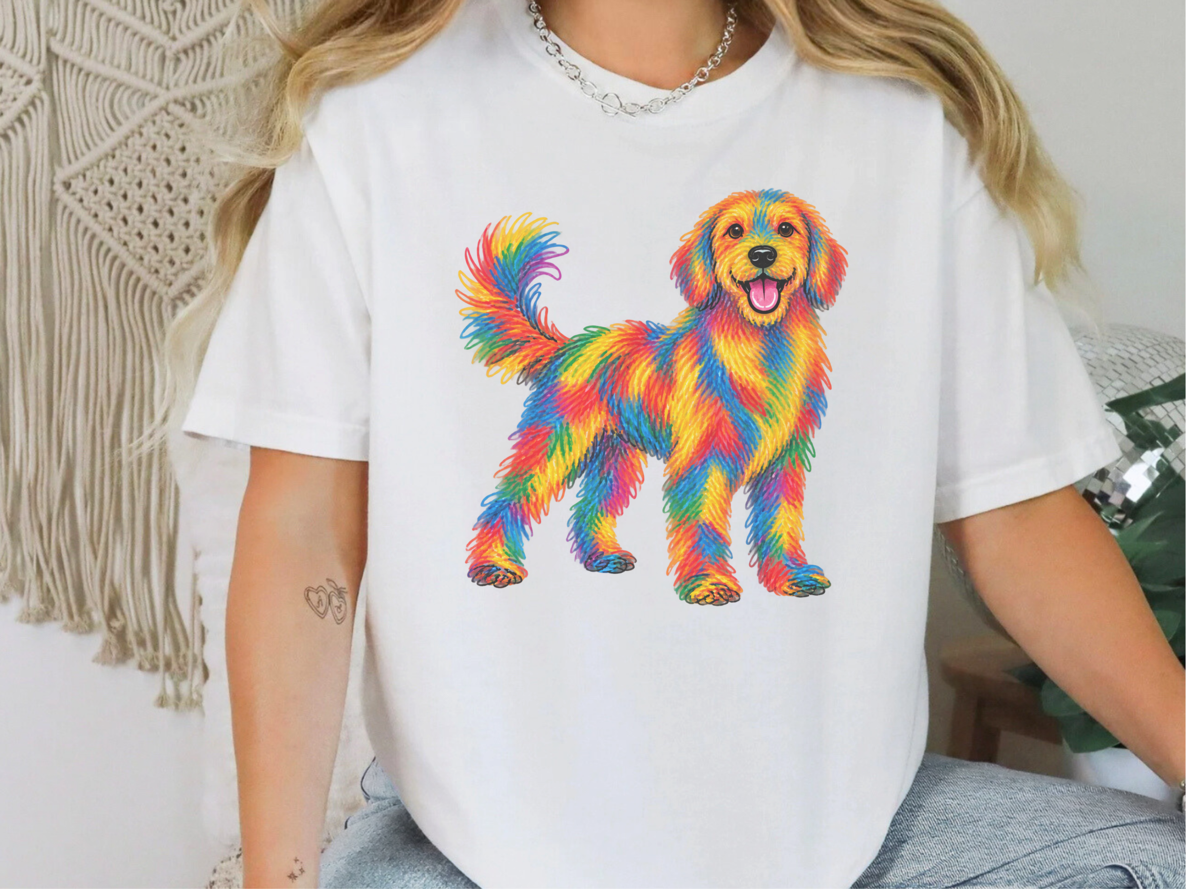 Rainbow Crayon Golden Retriever doodle dog shirt - photo 3
