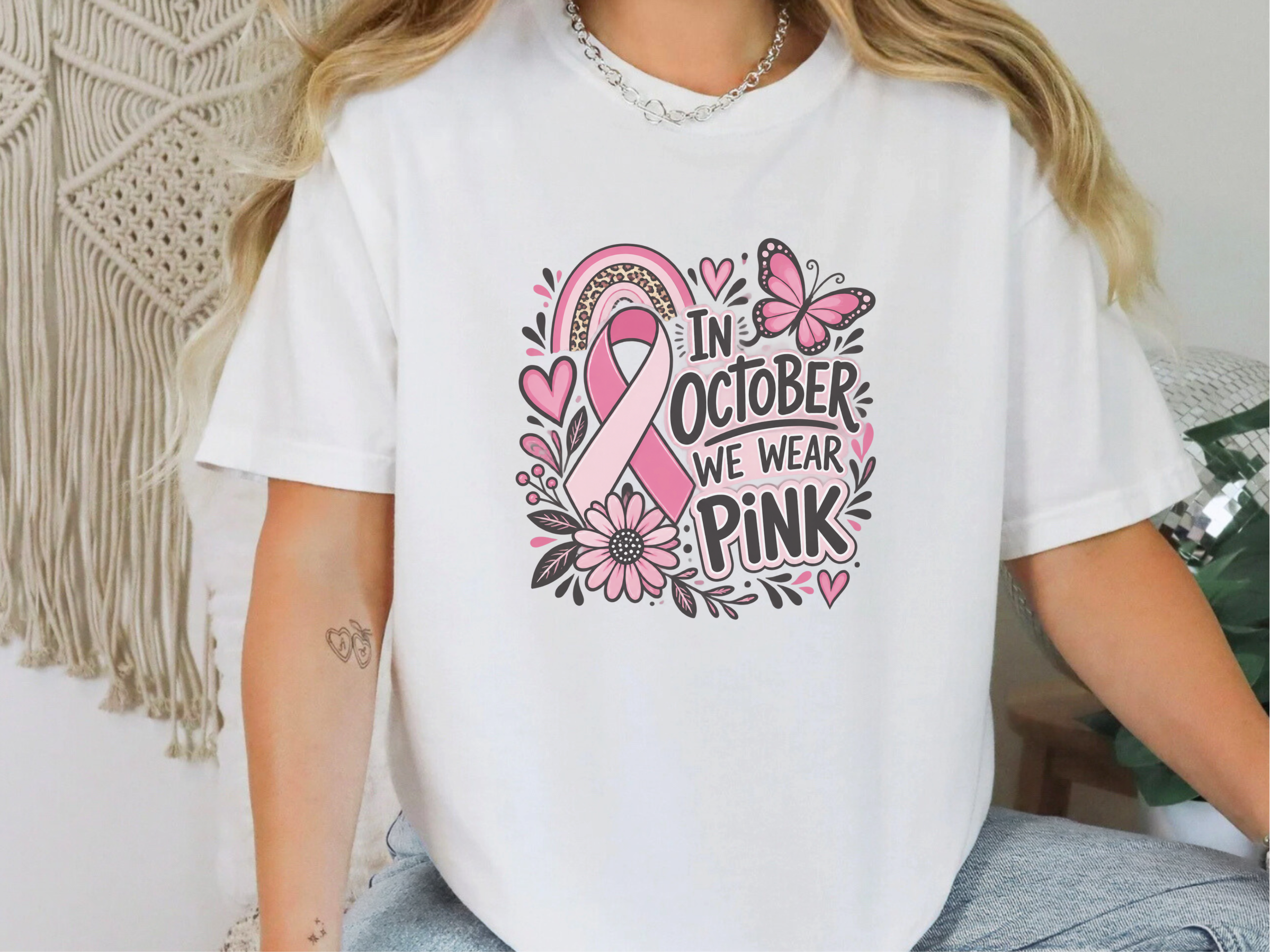 Pink Ribbon Butterfly Boho Rainbow funny shirt - photo 1