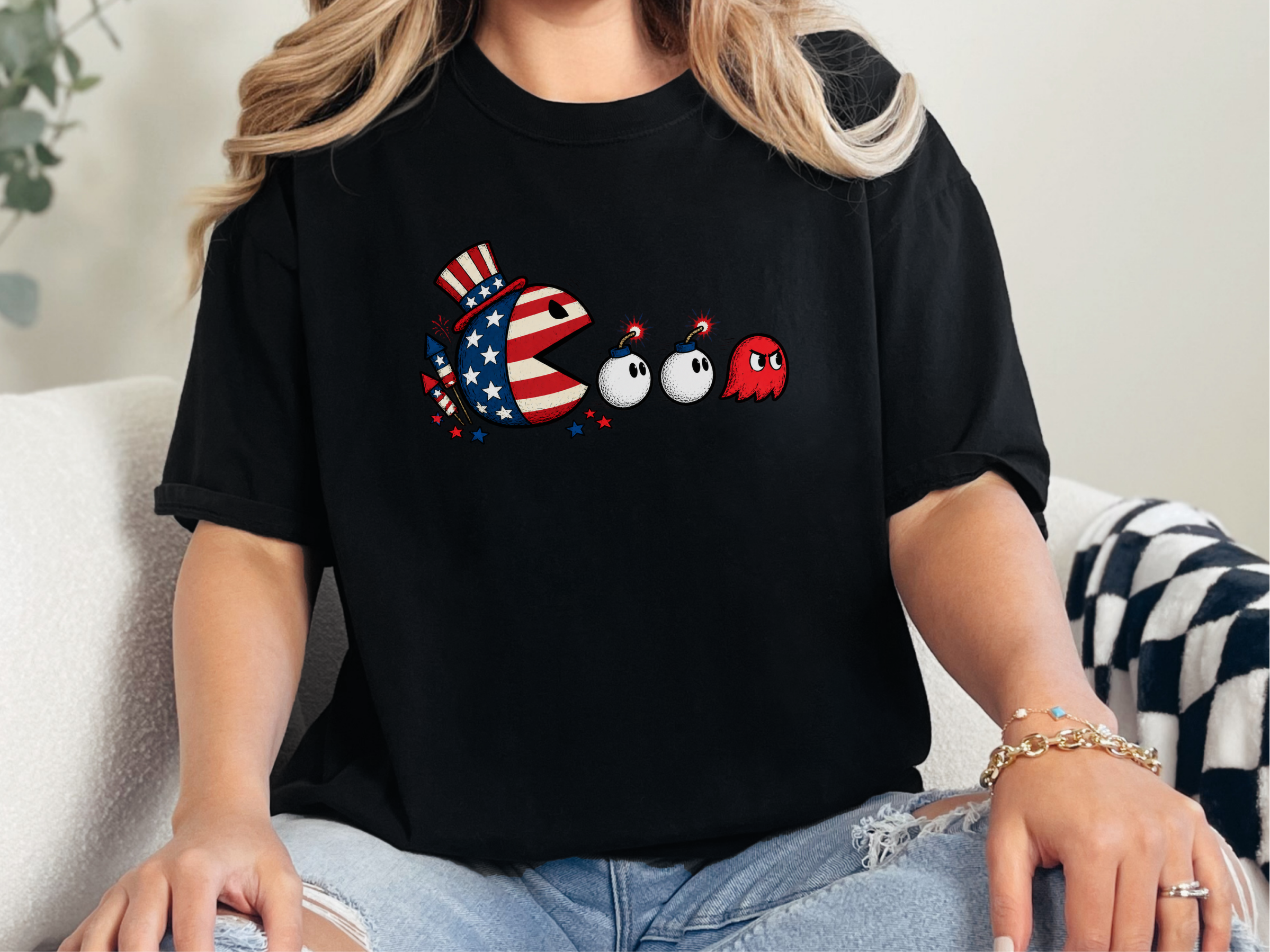 Patriotic Pacman Chasing Lit Bombs funny shirt - photo 3