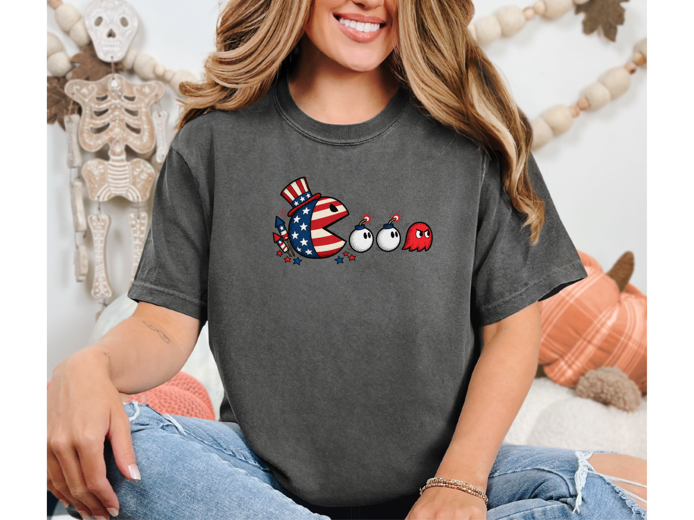 Patriotic Pacman Chasing Lit Bombs funny shirt - photo 5