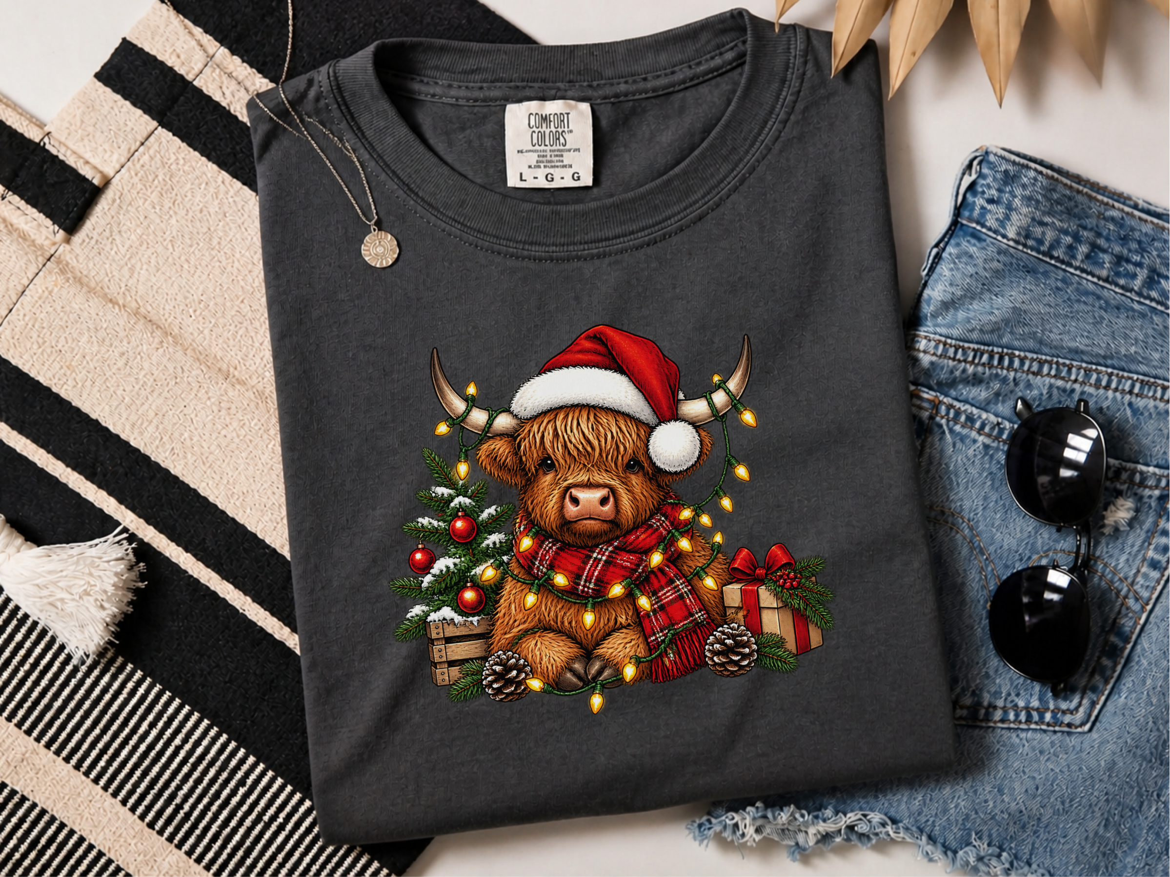 Highland Cow Christmas Lights Scarf