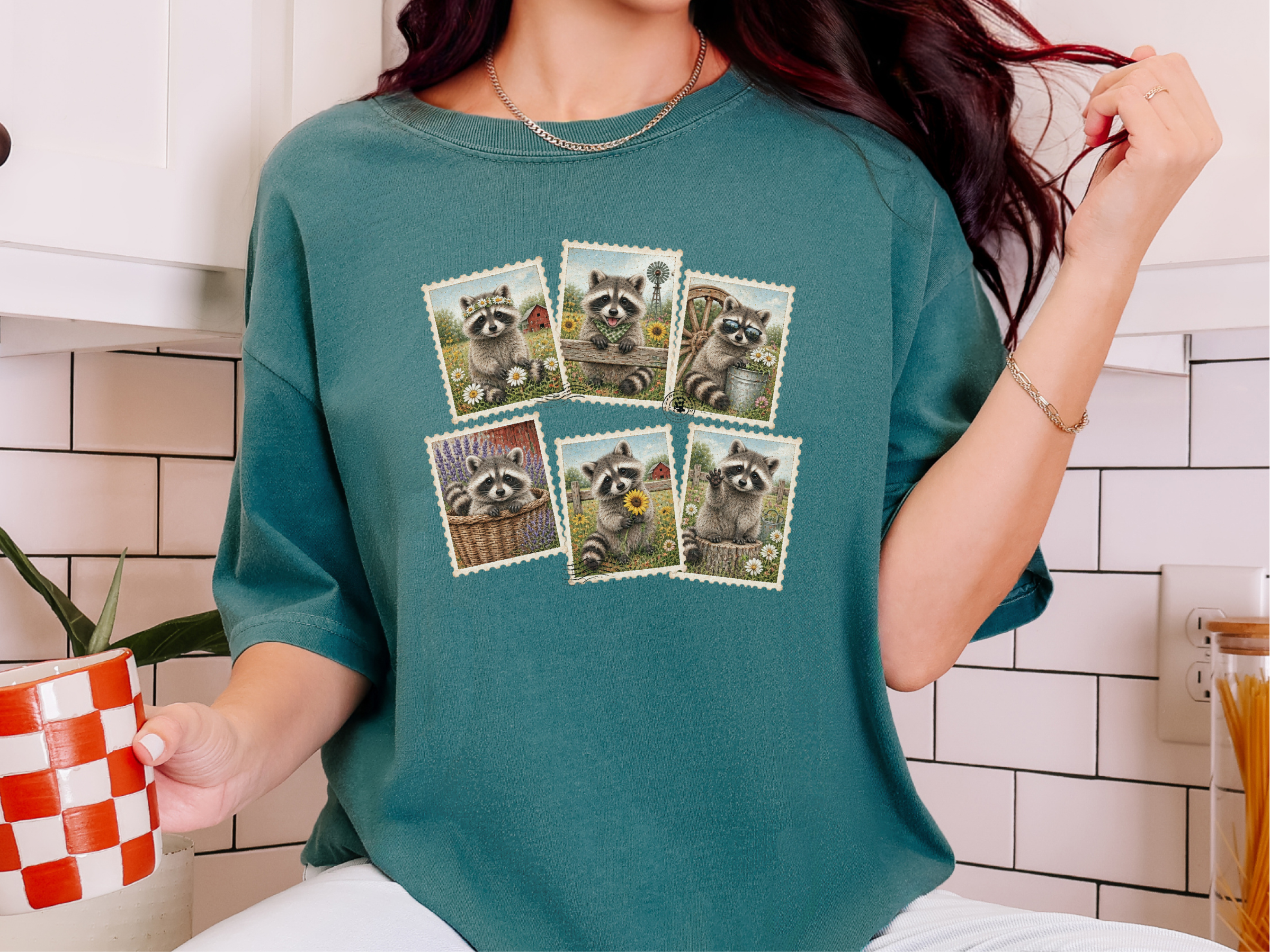 Cool Raccoon Postage Stamps Collage funny shirt - photo 7