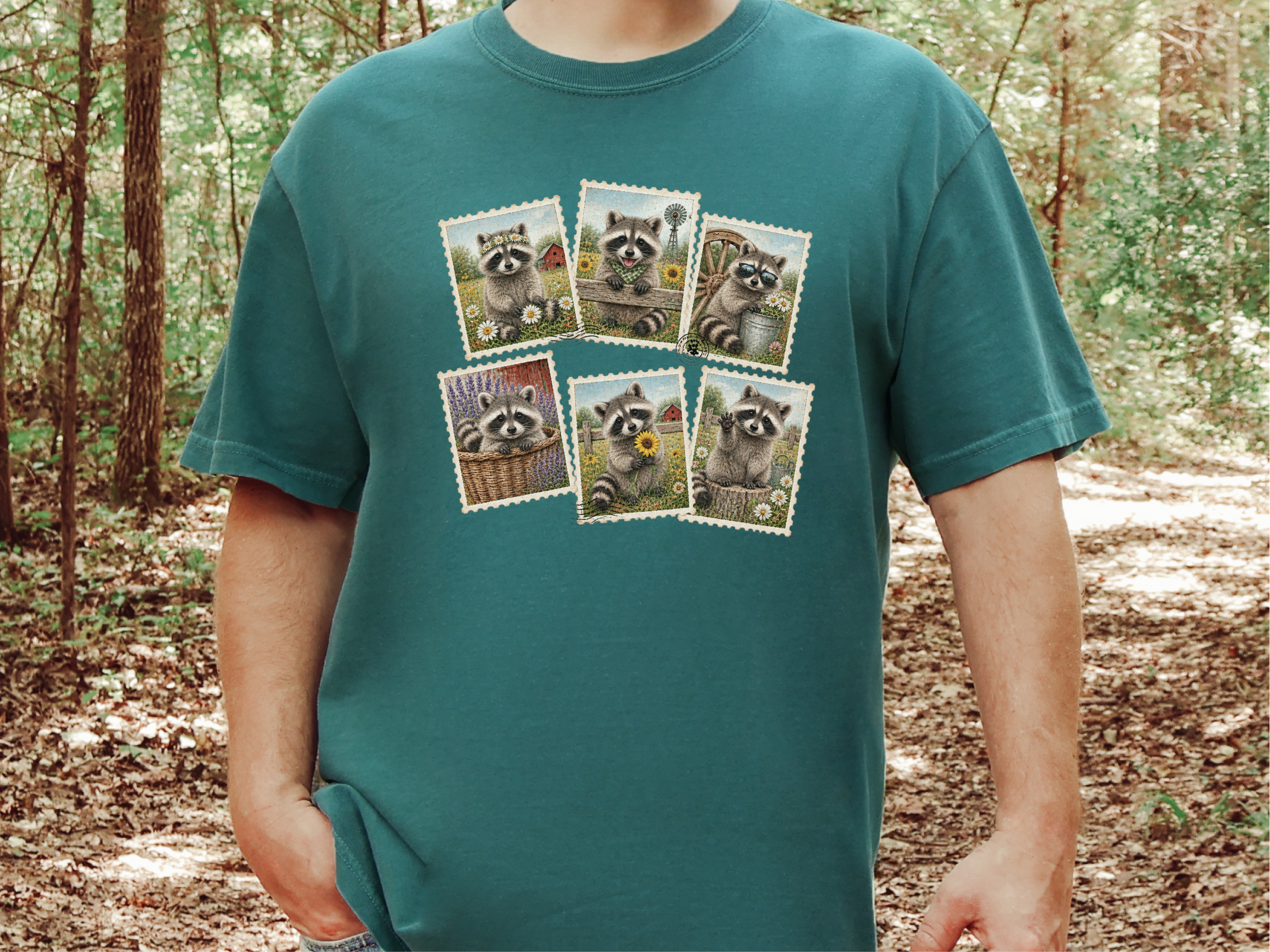 Cool Raccoon Postage Stamps Collage funny shirt - photo 8