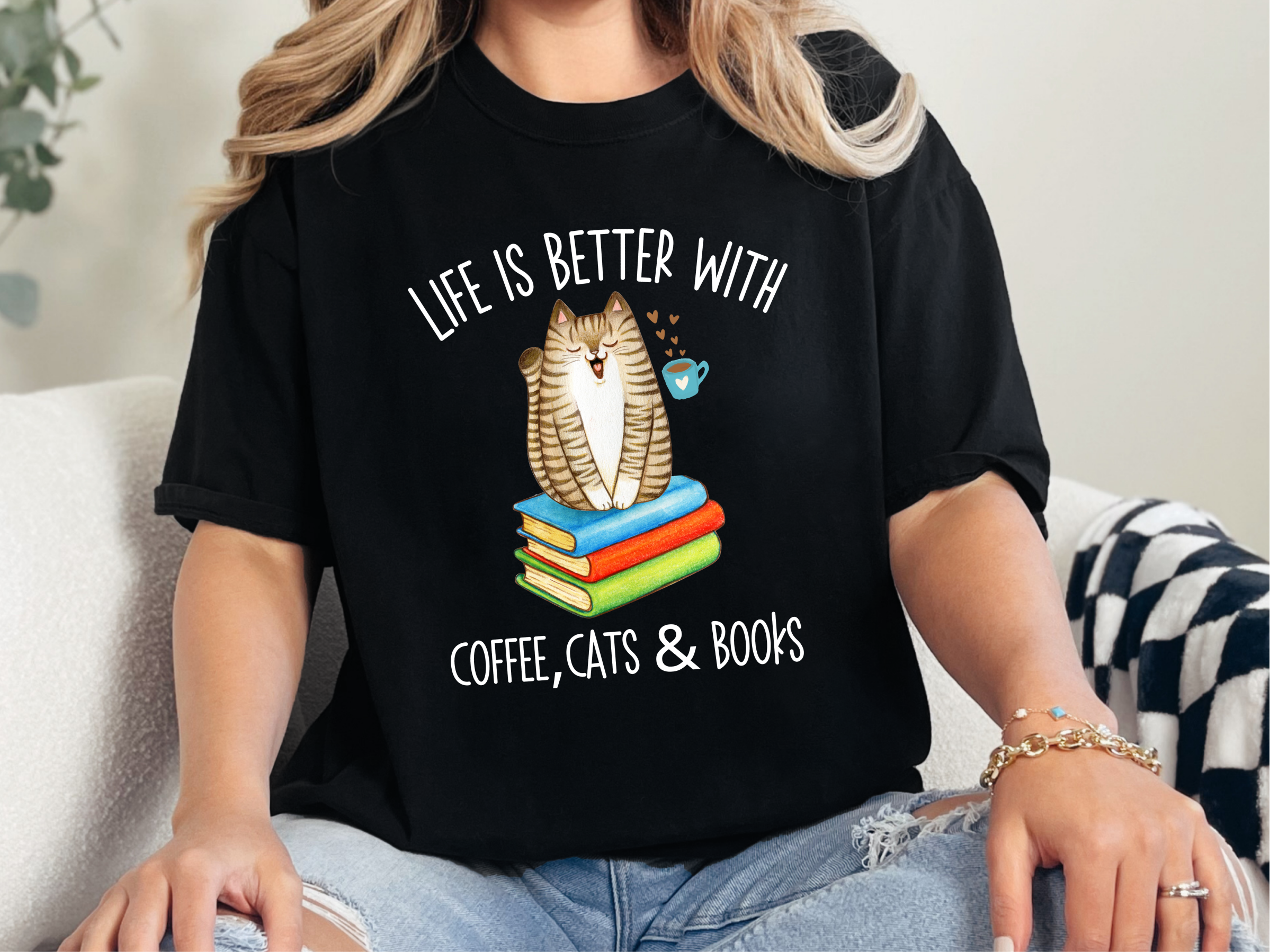 Life Is Better With Books Cats And Coffee funny shirt - photo 2